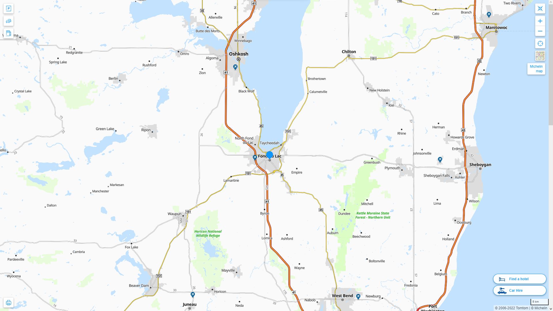 Fond du Lac Wisconsin Highway and Road Map